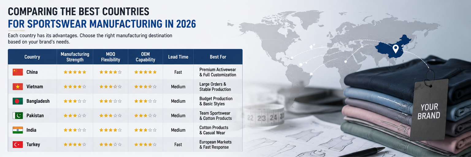 Best Countries for Sportswear Manufacturing in 2026 Apparel Manufacturing in China vs Global OEM Sportswear Manufacturer Options