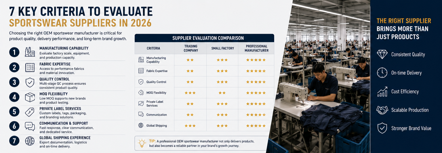 How to Evaluate Sportswear Suppliers in 2026 Choosing the Right OEM Sportswear Manufacturer, Private Label Activewear Manufacturer, and Low MOQ Sportswear Manufacturer