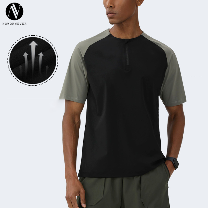 Unisex Quick-Dry Outdoor Sports T-Shirt OEM ODM Manufacturer, Sun Protection Half-Zip Color-Block Short Sleeve Slim Fit Activewear Bulk Supply.68121