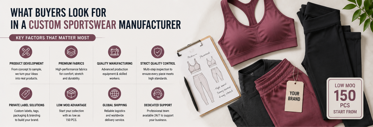 What Buyers Look for in a Custom Sportswear Manufacturer: A Complete Guide to Choosing a Private Label Sportswear Manufacturer with Low MOQWhat Buyers Look for in a Custom Sportswear Manufacturer: A Complete Guide to Choosing a Private Label Sportswear Manufacturer with Low MOQ