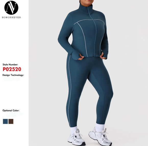 Activewear Manufacturer: Nude-Feel Yoga Set, Plus Size 2-Piece Zip-Up Jacket & Slim Fit Pants, OEM/ODM Wholesale Gym Wear Supply.P02520