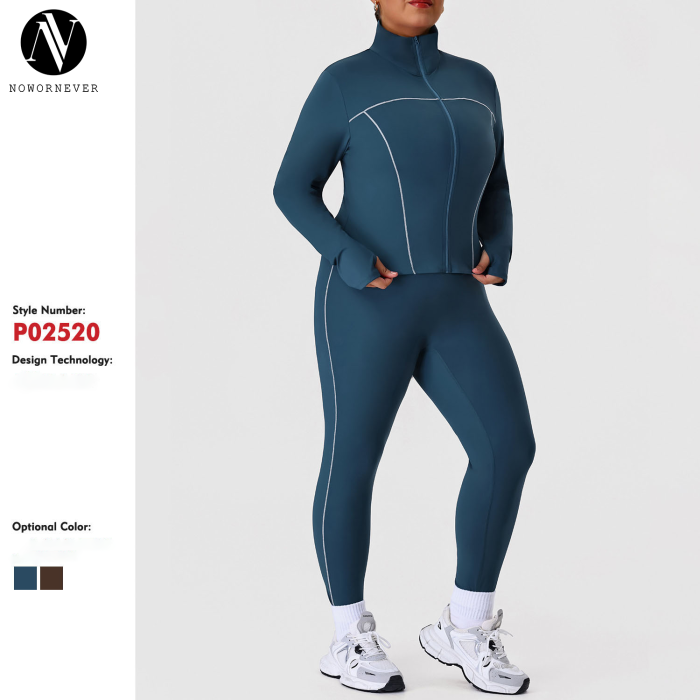 Activewear Manufacturer: Nude-Feel Yoga Set, Plus Size 2-Piece Zip-Up Jacket & Slim Fit Pants, OEM/ODM Wholesale Gym Wear Supply.P02520