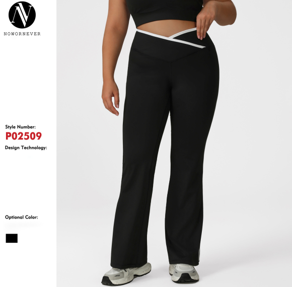 Plus Size Flared Yoga Pants OEM/ODM Manufacturer: High-Waist Color Block Activewear, Extended Sizes for Bulk SupplyP02509