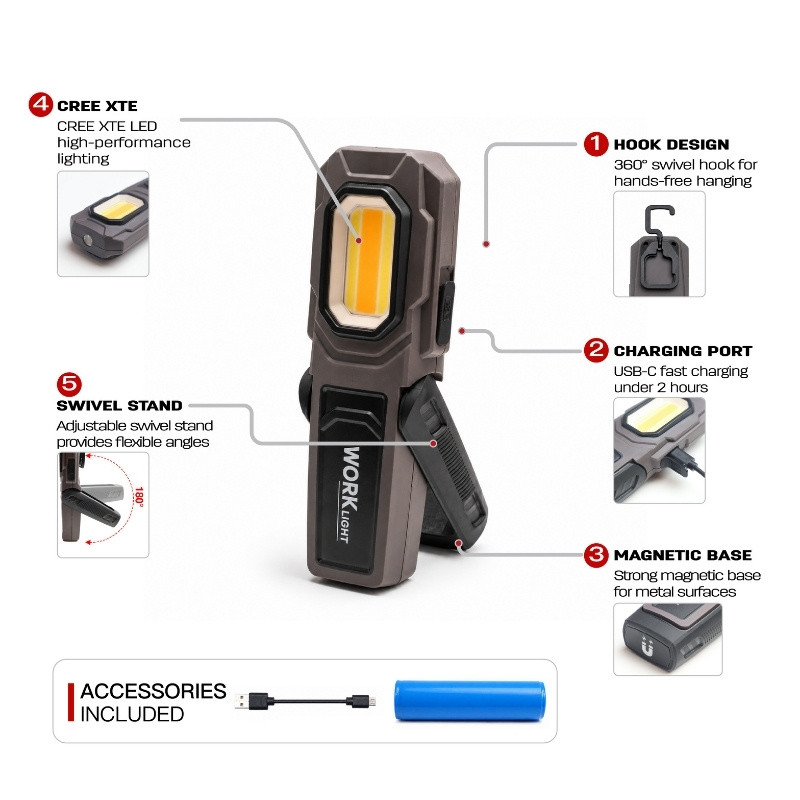 detailing inspection light with magnetic base adjustable stand and rotating hook