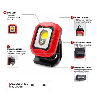 Portable Flood Light | 950 Lumens | Magnetic Work Lamp with Hook