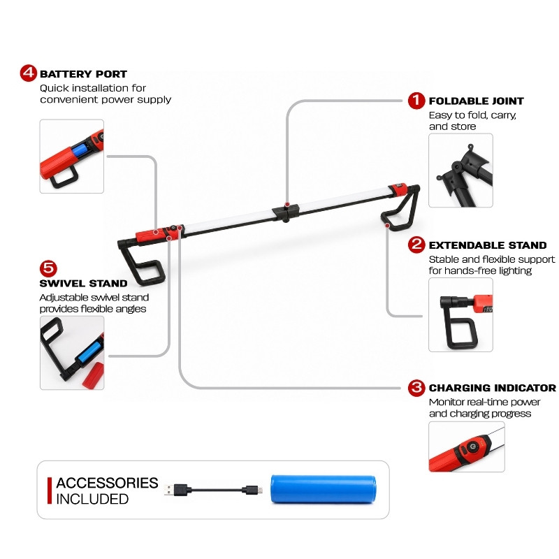cordless underhood work light feature diagram showing foldable joint, extendable supports, replaceable battery port, charging indicator and swivel stand