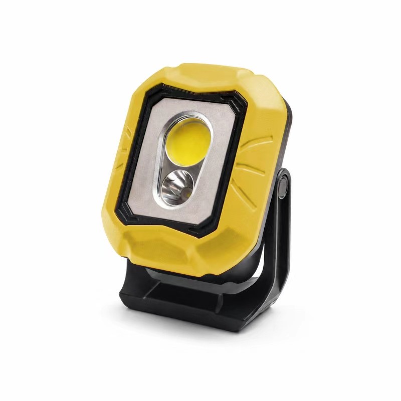 yellow portable flood light with black swivel stand, front product view for OEM color customization