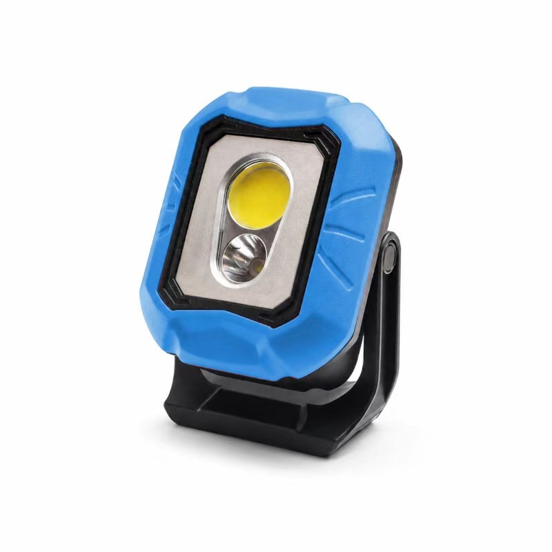 blue portable flood light with black swivel stand, front product view for OEM color customization