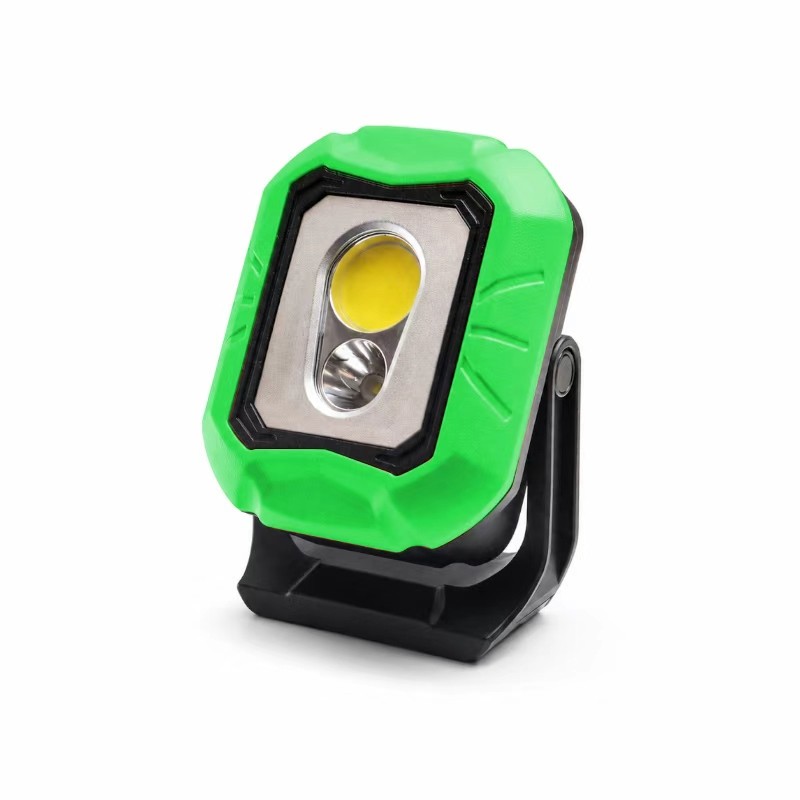green portable flood light with black swivel stand, front product view for OEM color customization