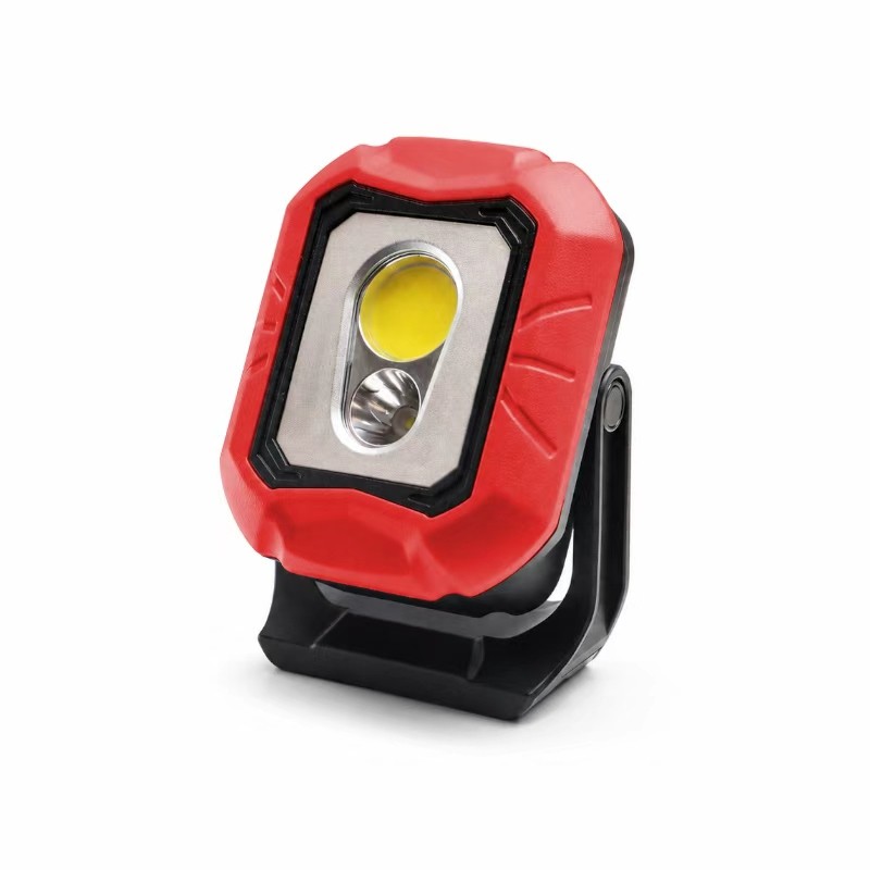red portable flood light with black swivel stand, front product view for OEM color customization