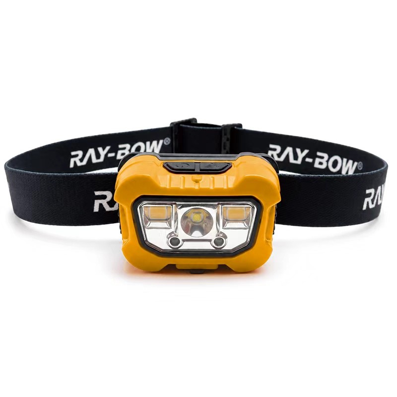yellow custom-color rechargeable headlamp with black elastic headband, front product view