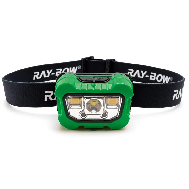 green custom-color rechargeable headlamp with black elastic headband, front product view
