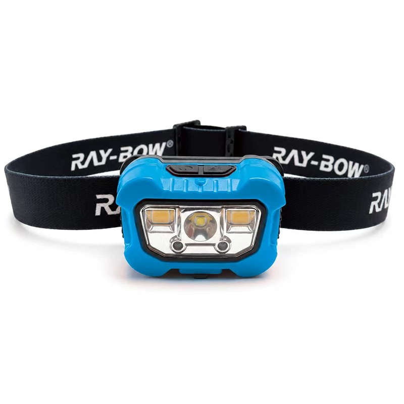 blue custom-color rechargeable headlamp with black elastic headband, front product view