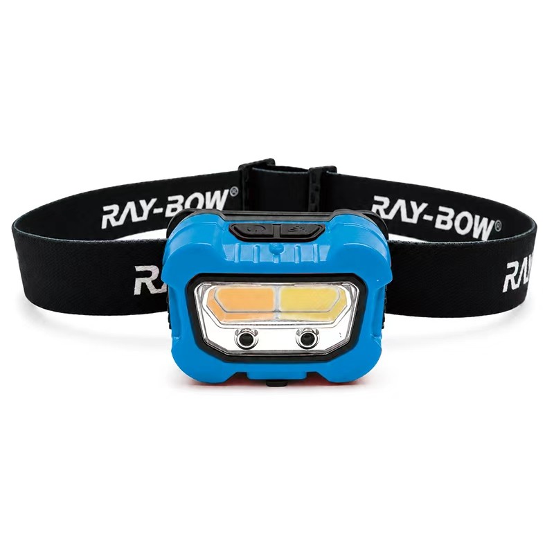 blue led headlamp with black elastic headband, front product image for color customization