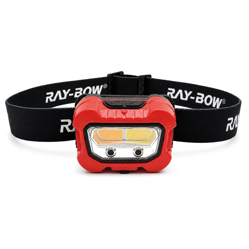 red led headlamp with black elastic headband, front product image for color customization