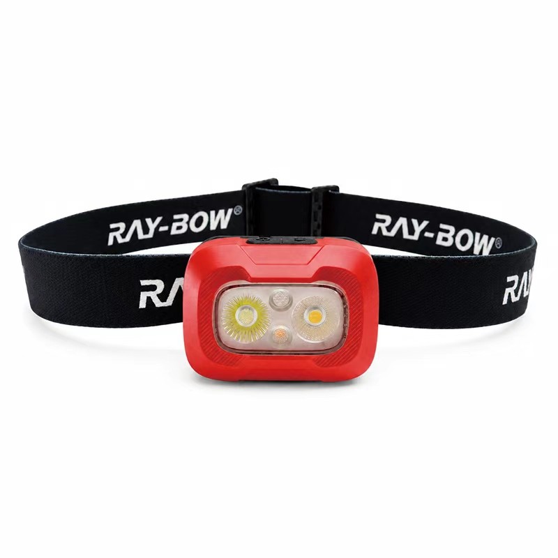 red hard hat headlamp with black elastic belt, front product view for color customization