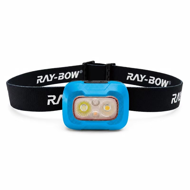 blue hard hat headlamp with black elastic belt, front product view for color customization
