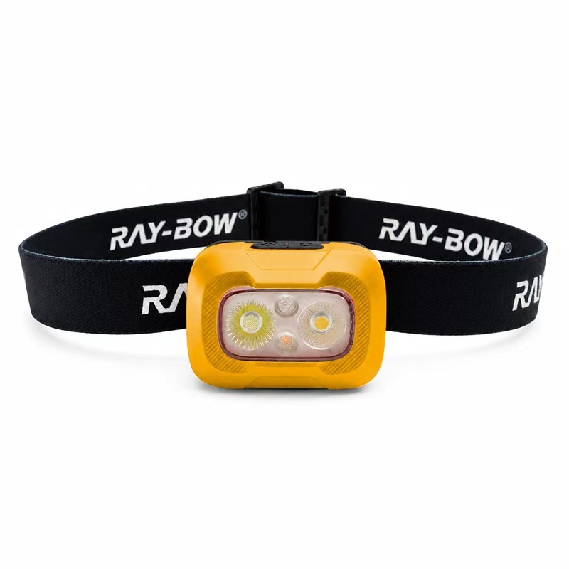 yellow hard hat headlamp with black elastic belt, front product view for color customization