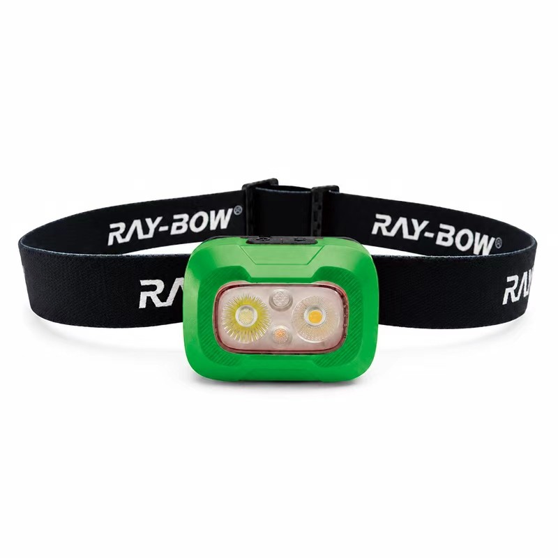 green hard hat headlamp with black elastic belt, front product view for color customization