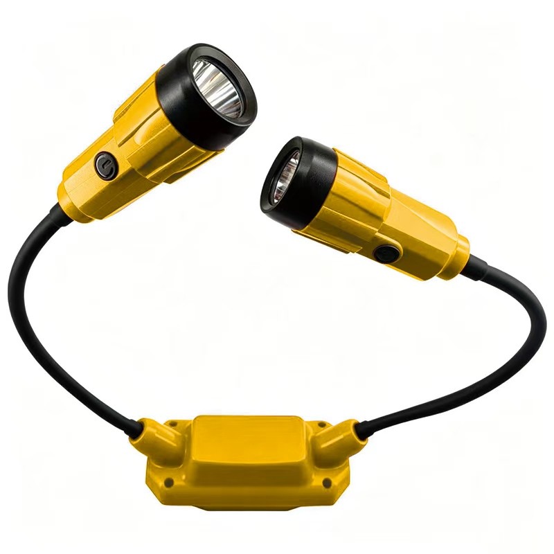 yellow neck light with black flexible arms and dual adjustable LED heads for custom product programs