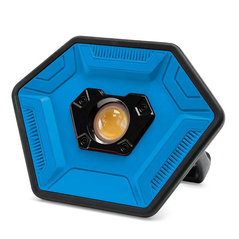 blue OEM led flood light with black protective edging and adjustable stand, front product view