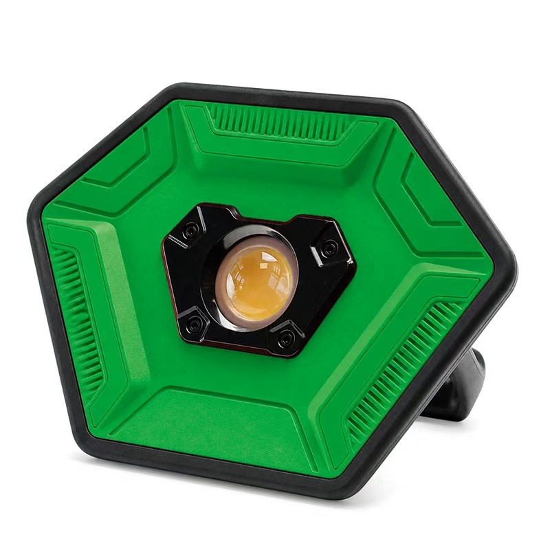 green OEM led flood light with black protective edging and adjustable stand, front product view