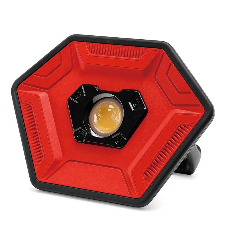 red OEM led flood light with black protective edging and adjustable stand, front product view