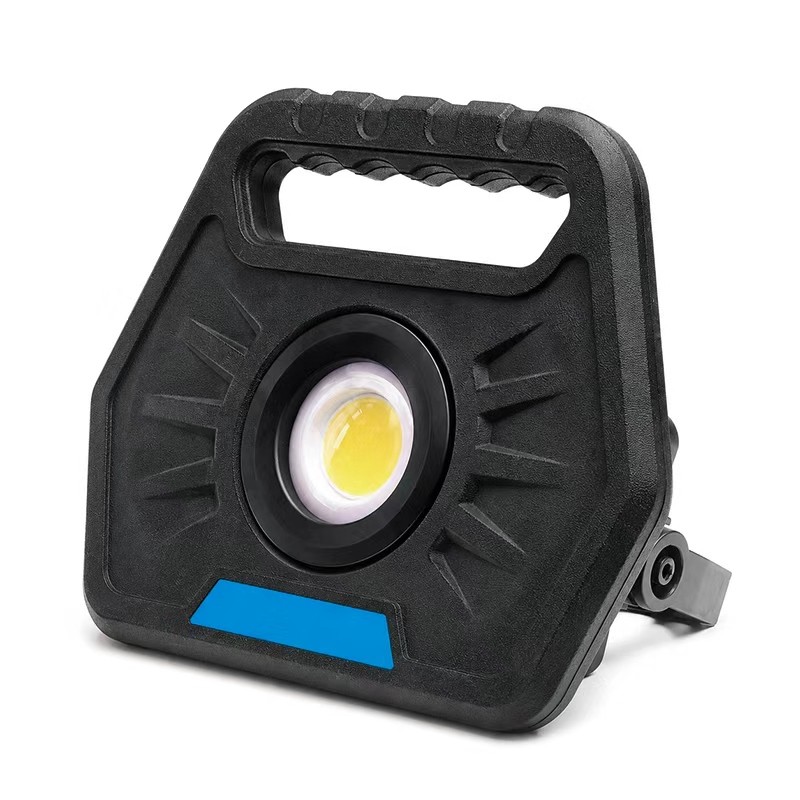 blue custom work flood light with black housing, portable handle and swivel stand