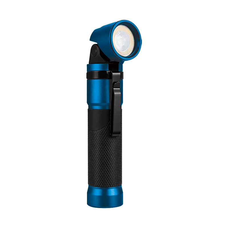 blue rechargeable edc flashlight with black grip, pocket clip and 90 degree rotating head for custom product programs