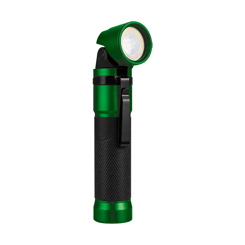 green rechargeable edc flashlight with black grip, pocket clip and 90 degree rotating head for custom product programs