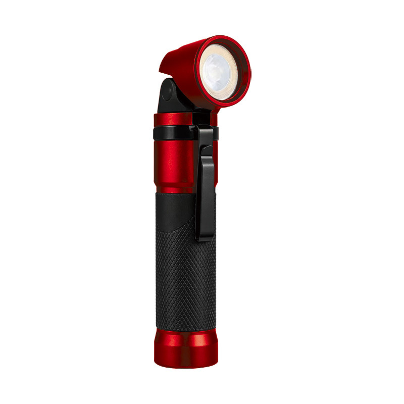 red rechargeable edc flashlight with black grip, pocket clip and 90 degree rotating head for custom product programs