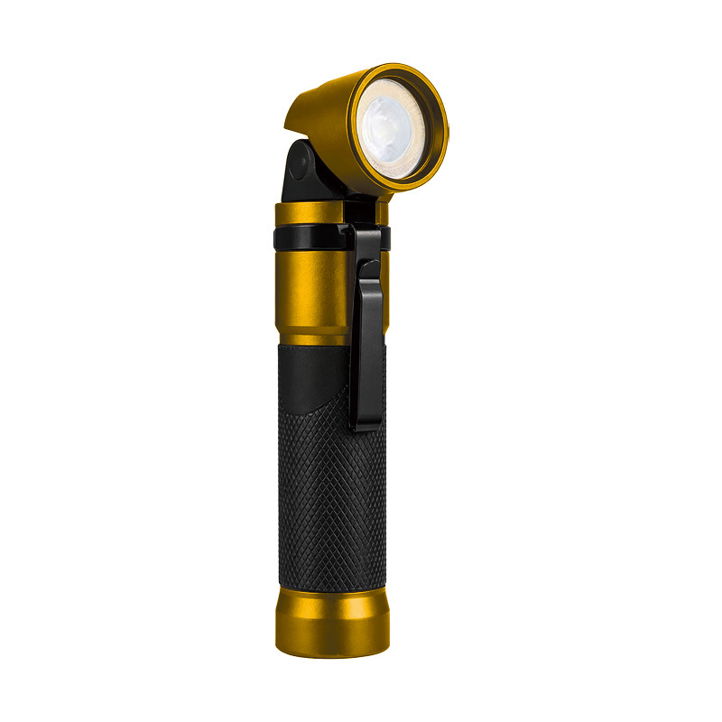 yellow rechargeable edc flashlight with black grip, pocket clip and 90 degree rotating head for custom product programs