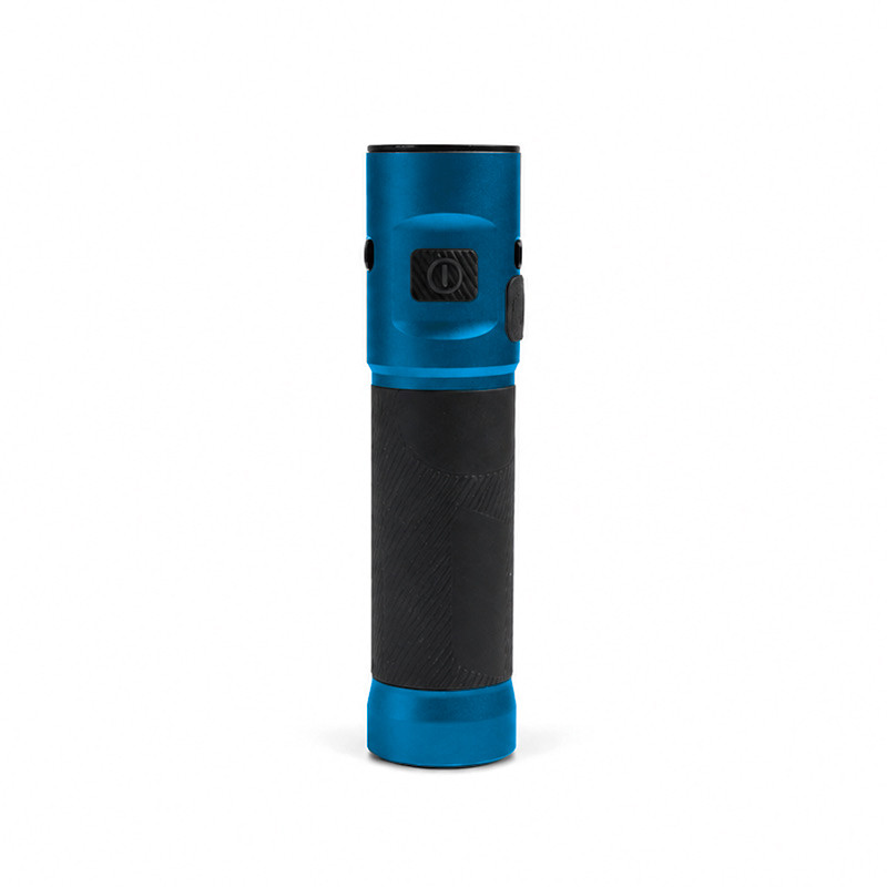 blue compact edc flashlight with black anti-slip grip and cylindrical body for custom color programs