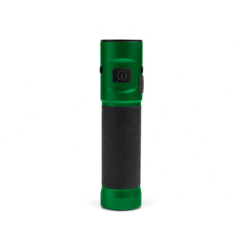 green compact edc flashlight with black anti-slip grip and cylindrical body for custom color programs