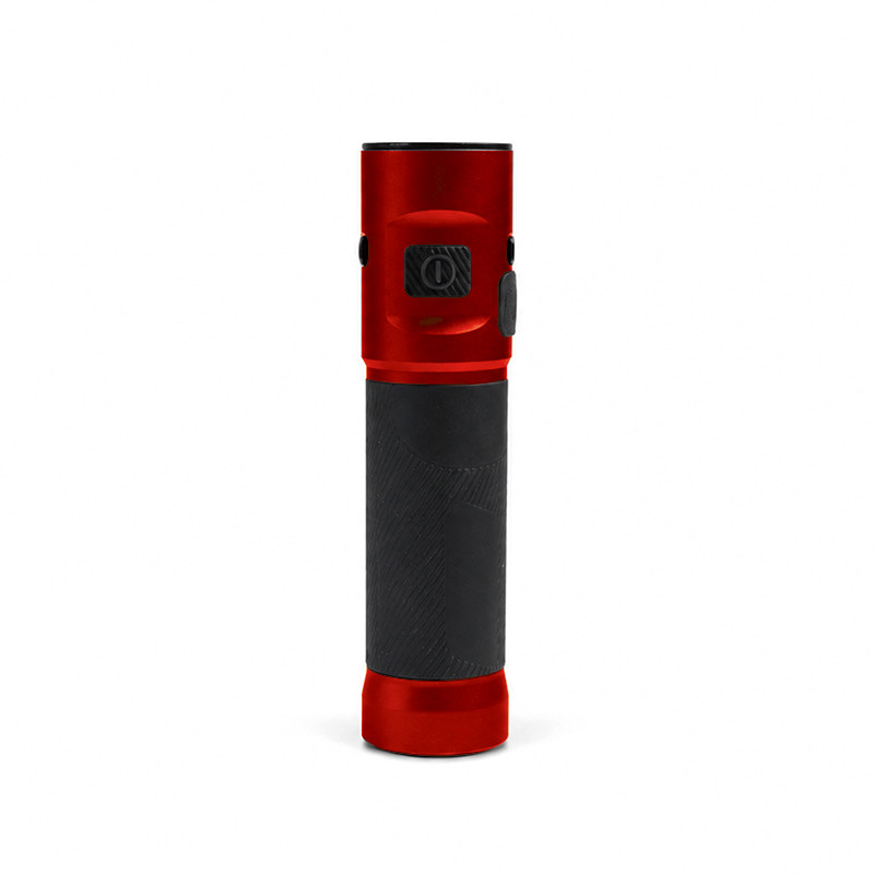 red compact edc flashlight with black anti-slip grip and cylindrical body for custom color programs