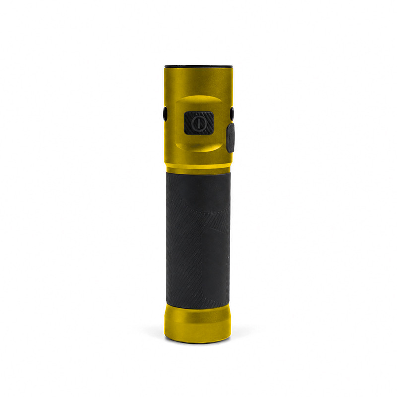 yellow compact edc flashlight with black anti-slip grip and cylindrical body for custom color programs