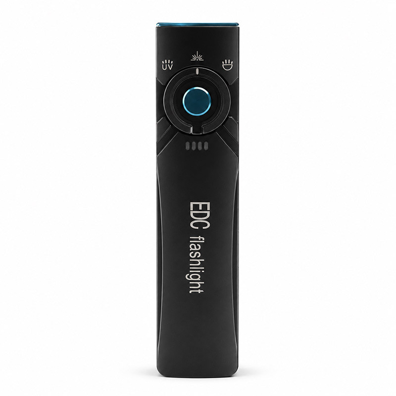 blue flat edc flashlight with rotary center switch, pocket clip and three-function front light assembly