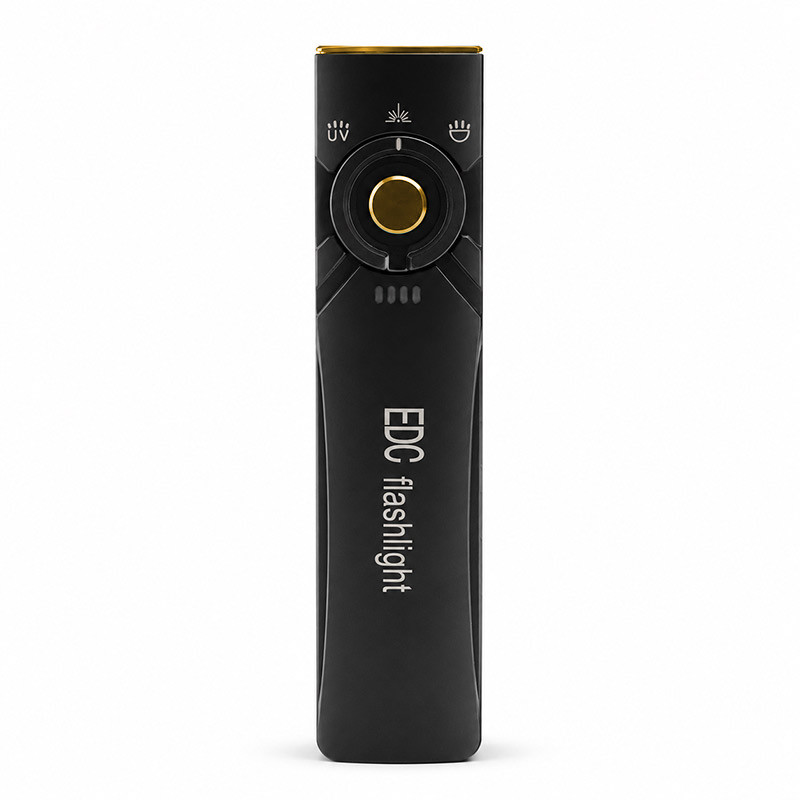 yellow flat edc flashlight with rotary center switch, pocket clip and three-function front light assembly