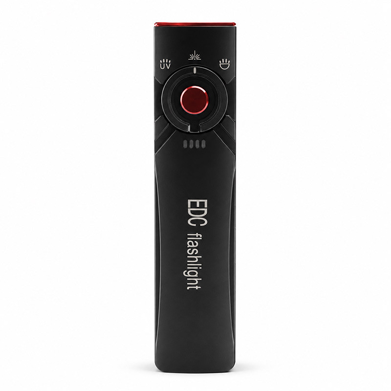 red flat edc flashlight with rotary center switch, pocket clip and three-function front light assembly