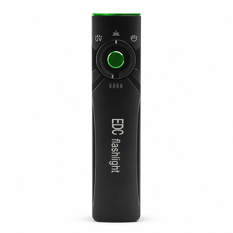 green flat edc flashlight with rotary center switch, pocket clip and three-function front light assembly