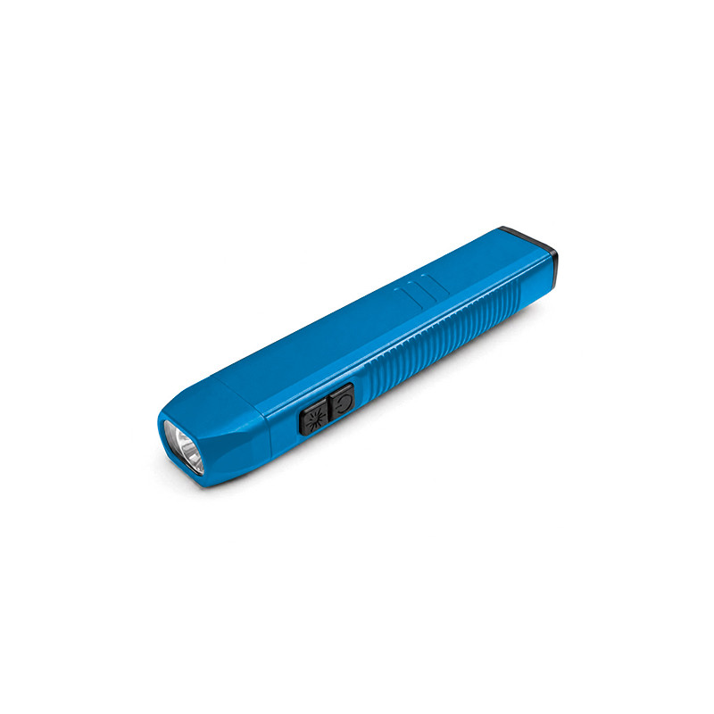 blue edc pocket flashlight with slim rectangular body and side controls for custom color programs