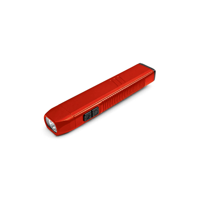 red edc pocket flashlight with slim rectangular body and side controls for custom color programs
