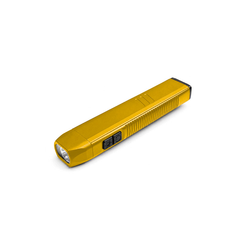 yellow edc pocket flashlight with slim rectangular body and side controls for custom color programs