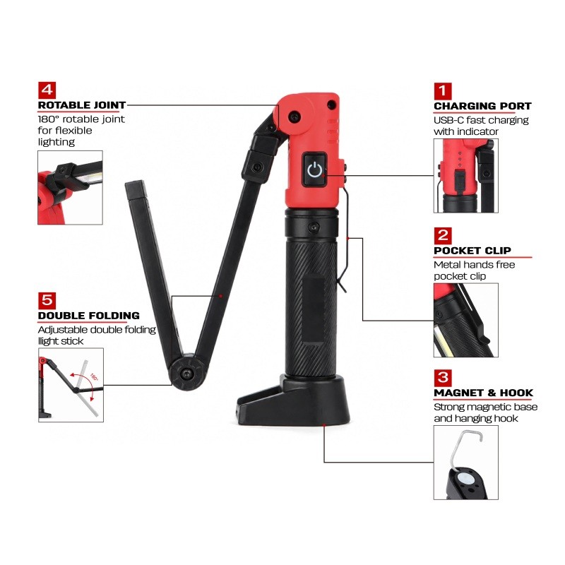 exploded led inspection light showing battery charging port and folding components
