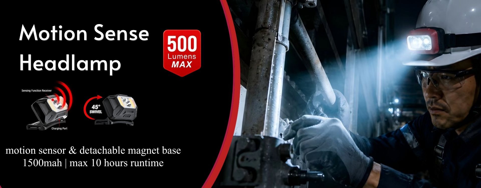 hard hat headlamp with motion sensor, 45 degree swivel, detachable magnetic base and 500 lumen marketing graphic