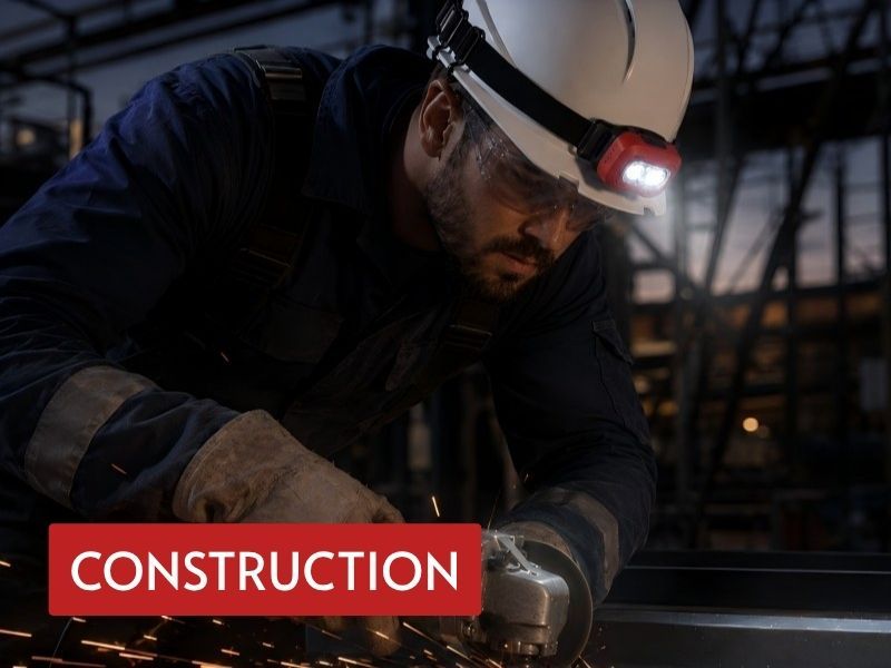 led hard hat headlamp used by a construction worker during metal grinding work