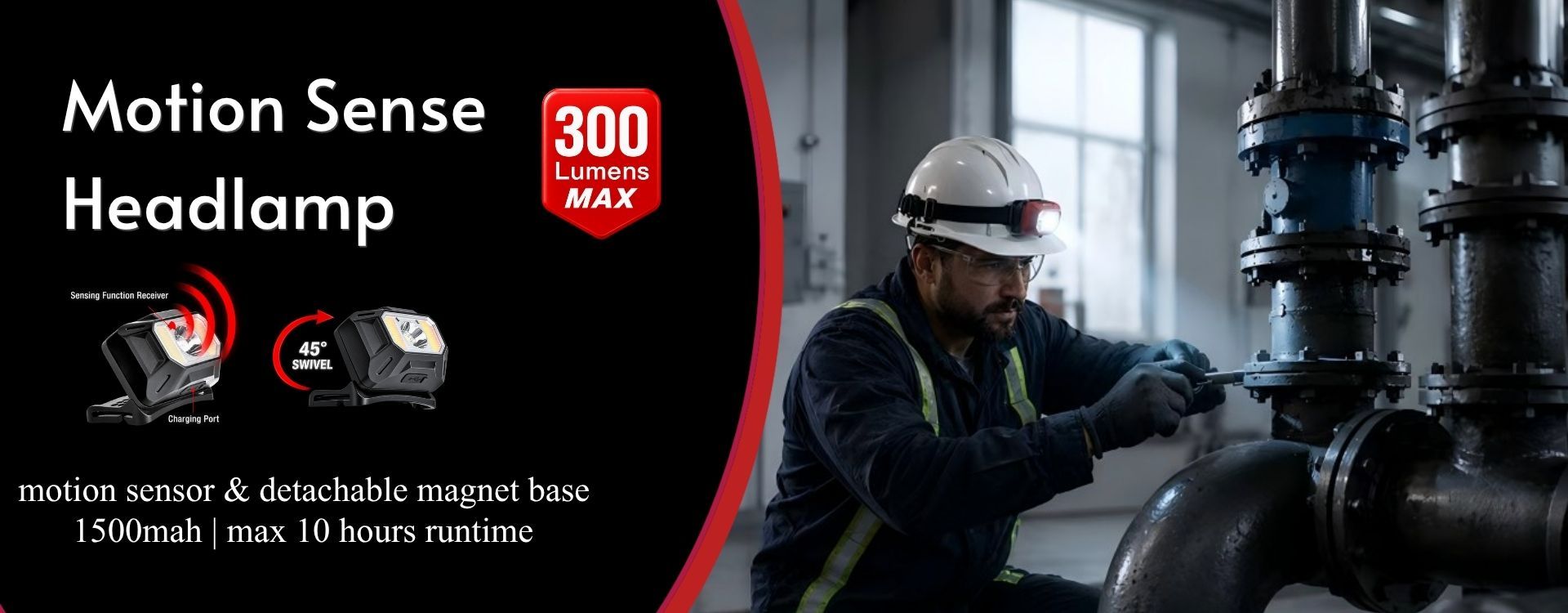 hard hat light with 300 lumens, motion sensor, detachable magnet base, 45 degree swivel and USB-C charging