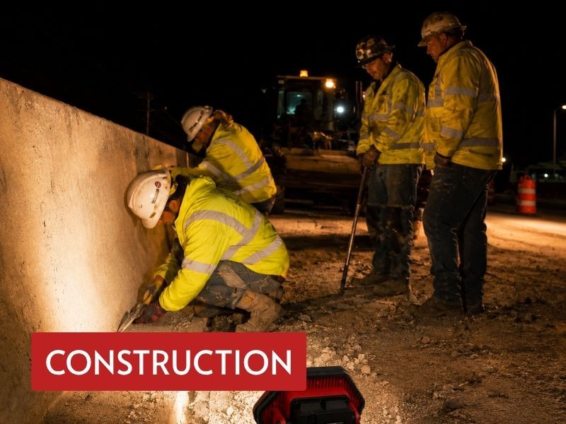 high lumen led flood light illuminating workers during nighttime construction beside a concrete barrier