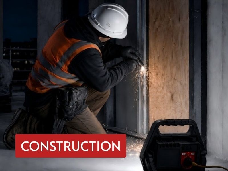 working flood lights illuminating a construction worker during low-light metalwork