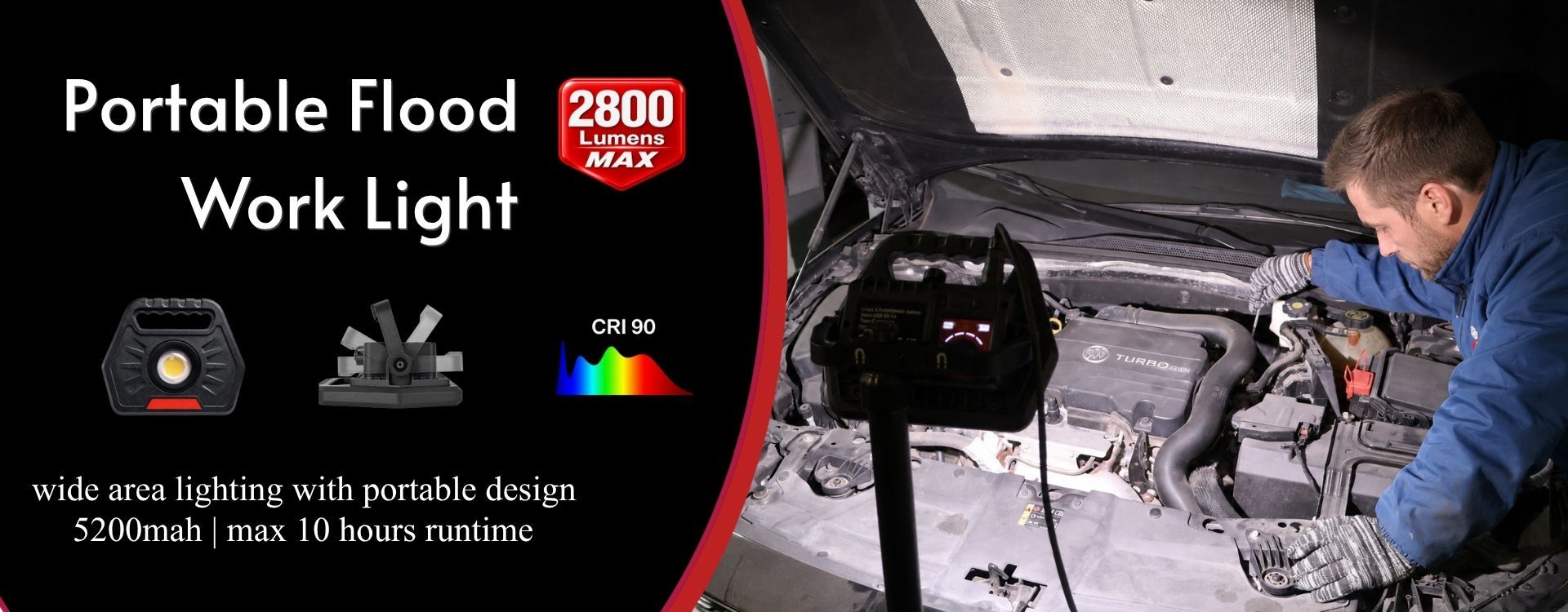 2800 lumen work flood light with CRI 90, magnetic base, swivel stand and bi-directional USB-C charging for garage work